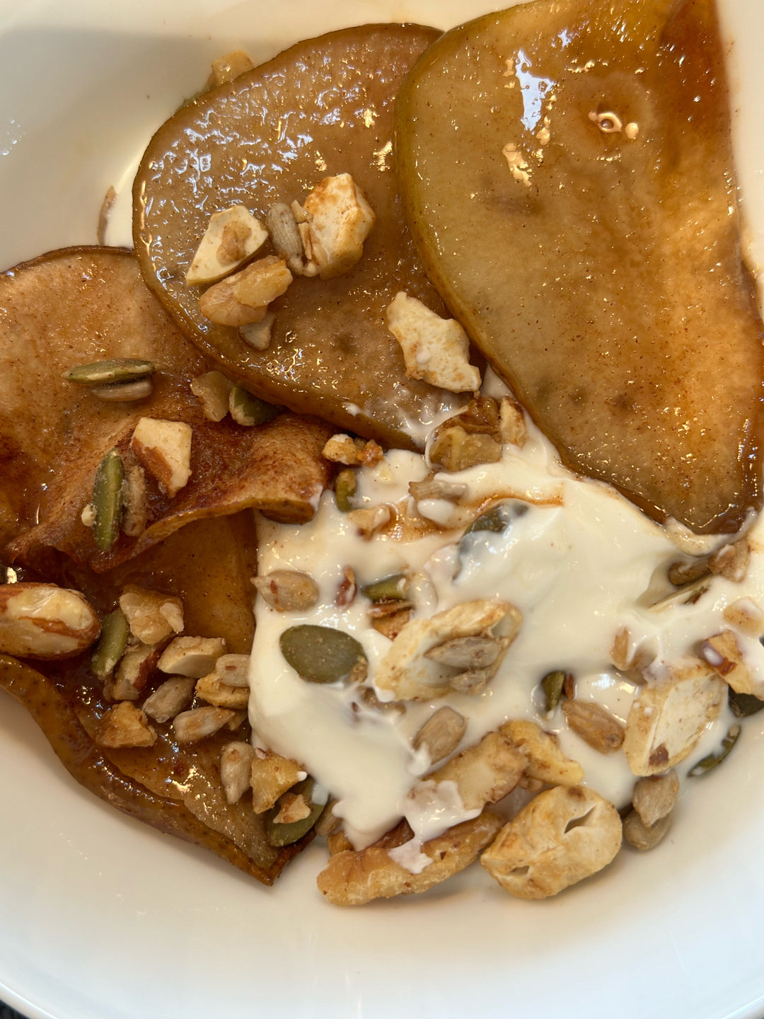 Warm honey baked pears with Greek yogurt