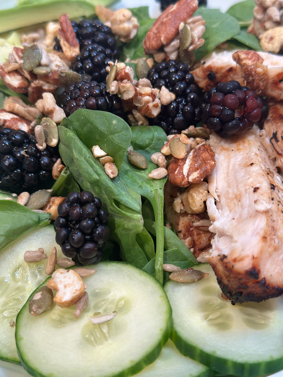 Spinach Salad with Grilled Chicken,  Berries and Citrus Dressing