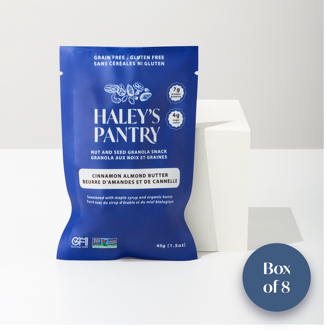 Blue package of Haley's Pantry nut and seed granola mini snack on a white background