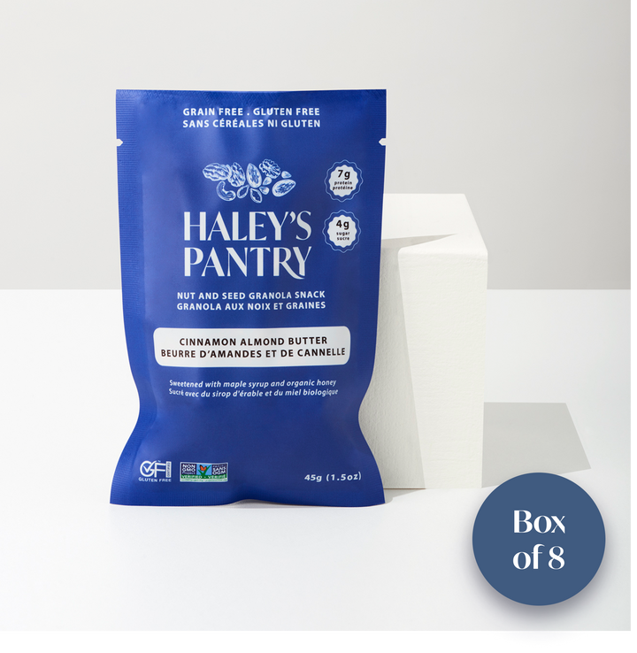 Blue package of Haley's Pantry nut and seed granola mini snack on a white background