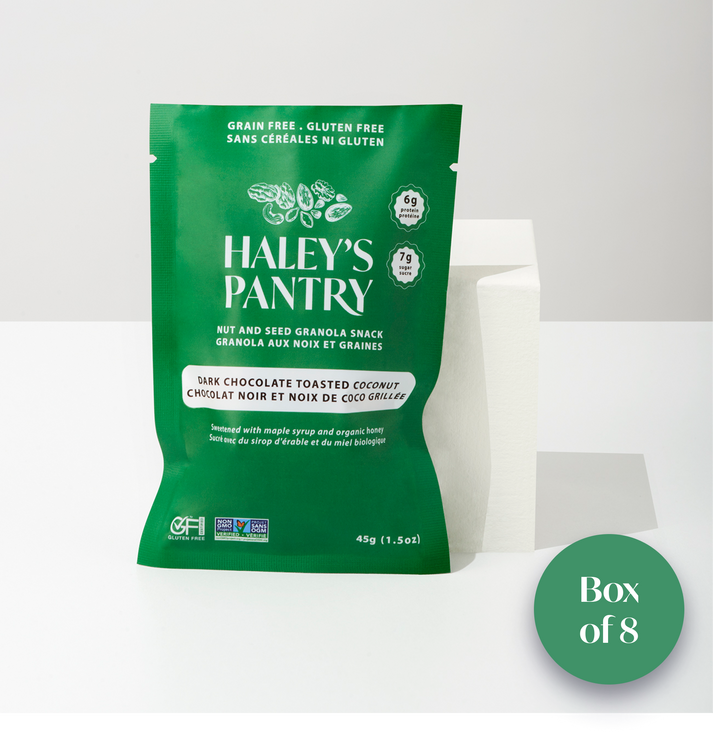 Green package of Haley's Pantry dark chocolate toasted coconut mini snack on a white background