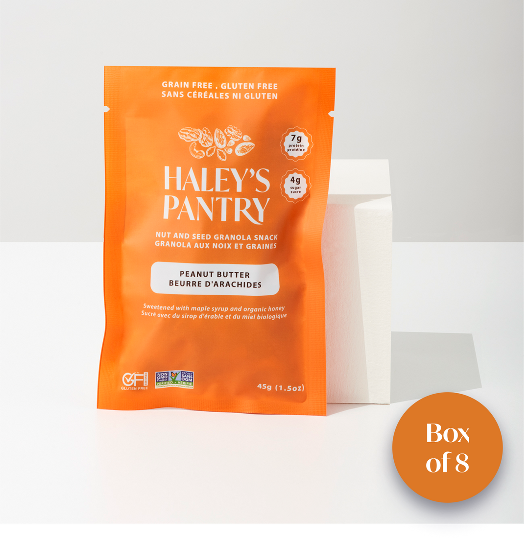 Orange package of Haley's Pantry peanut butter mini snack on a white background