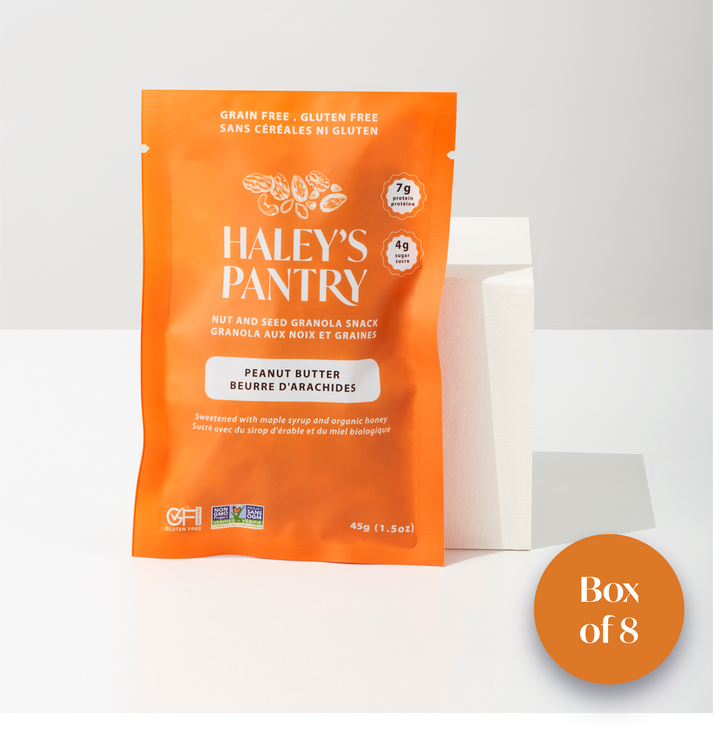 Orange package of Haley's Pantry peanut butter mini snack on a white background