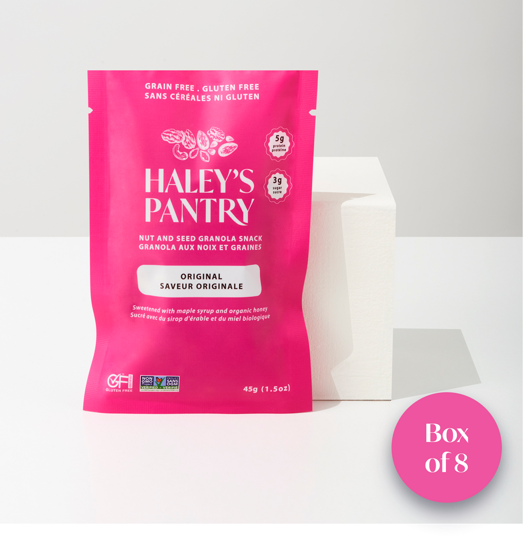 Pink package of Haley's Pantry nut and seed granola mini snack on a white background