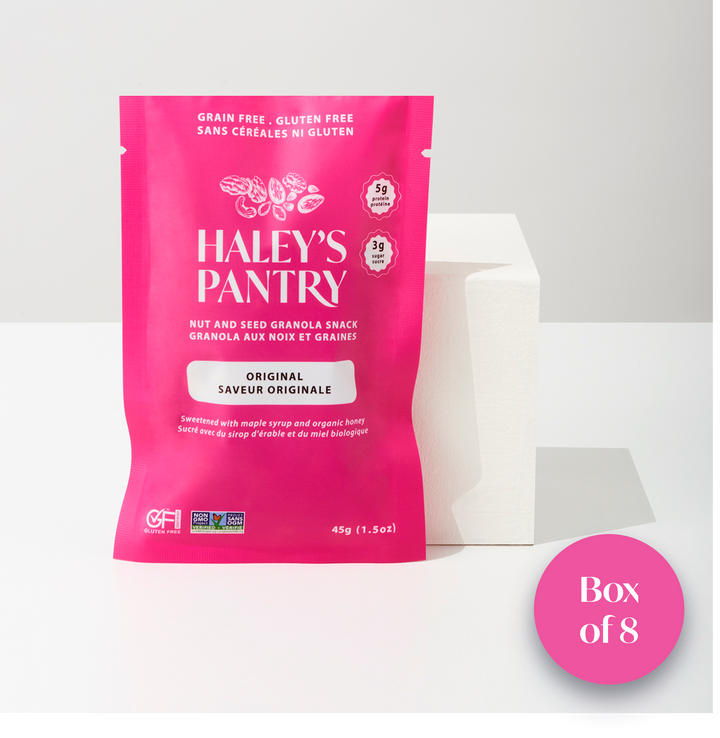 Pink package of Haley's Pantry nut and seed granola mini snack on a white background