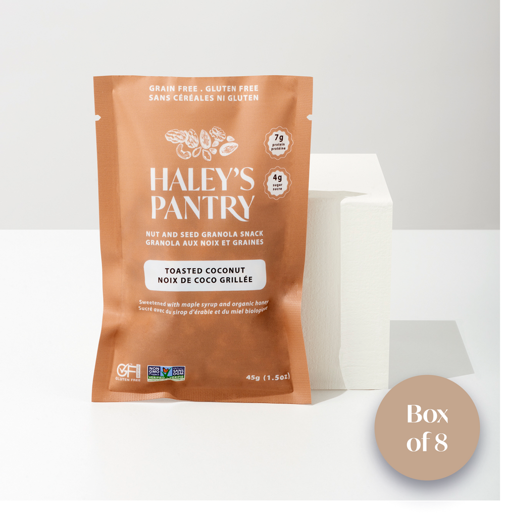 Haley's Pantry toasted coconut granola mini snack package on a white background