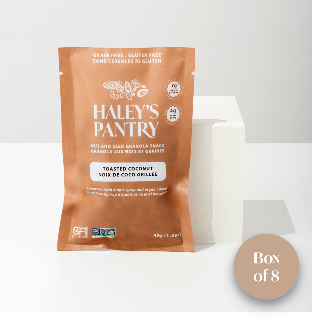 Haley's Pantry toasted coconut granola mini snack package on a white background