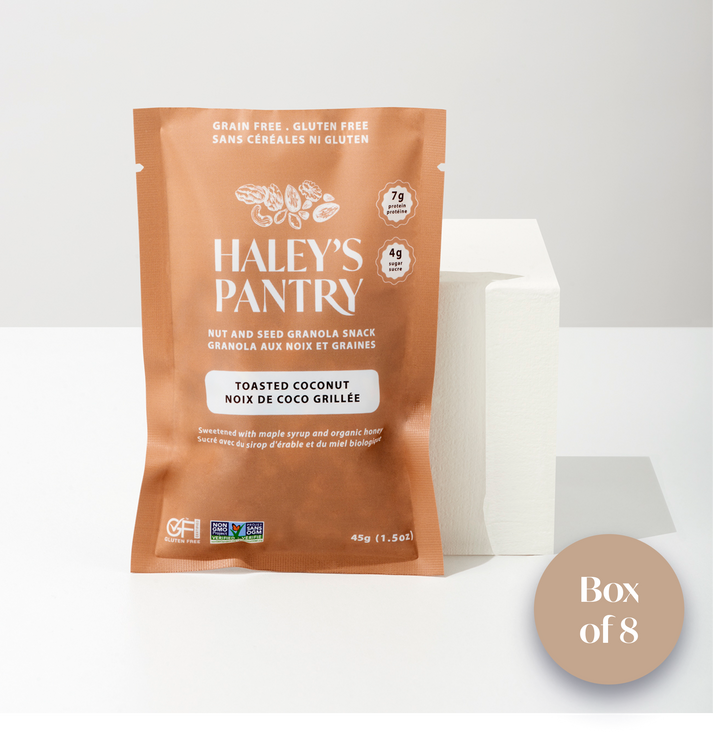 Haley's Pantry toasted coconut granola mini snack package on a white background