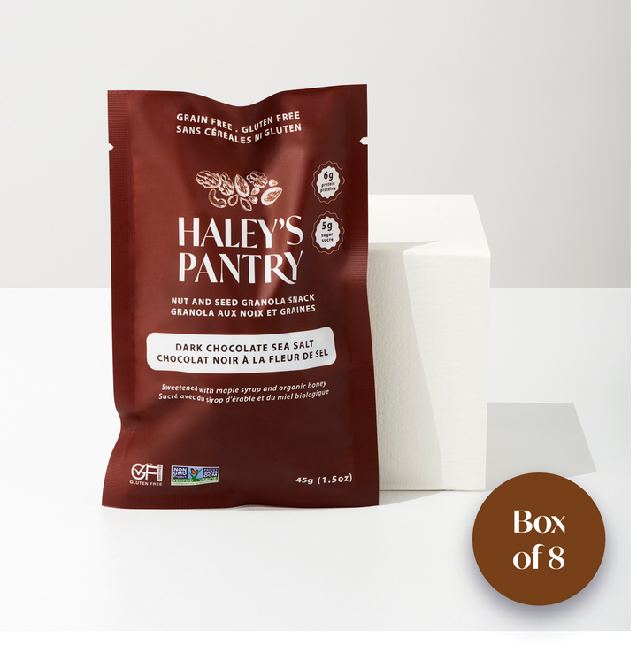 Haley's Pantry nut and seed granola mini snack package on a white background