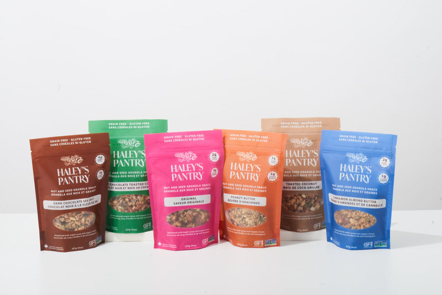 Assorted packages of 'Haley's Pantry' on a white background